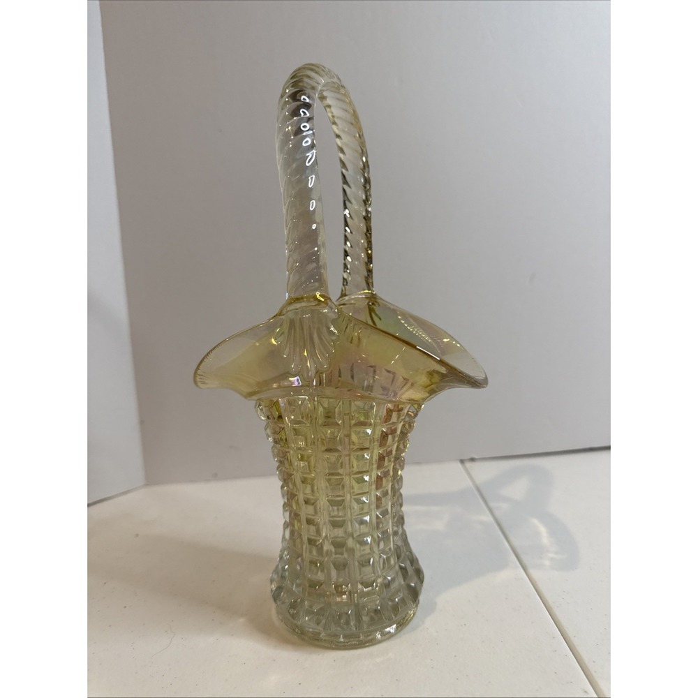 Vintage Imperial Carnival Iridescent Merigold Waffle Cut Pattern Glass Basket